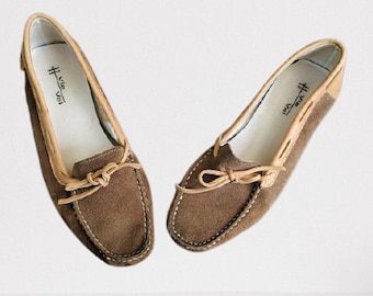 Beige vintage suede leather shoes pumps mocassins women brown low heels Size 38 EU/ 7.5 US/ 5 UK