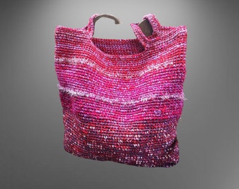 Pink bag market crochet hand made artsy upcycled red recycled wearable art women zero waste shaby chic vintage gift for her Christmas