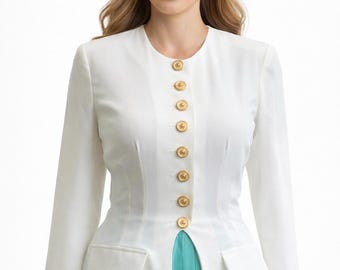 White jacket long vintage with gold buttons women evening 90s  size S / XS 36 blazer