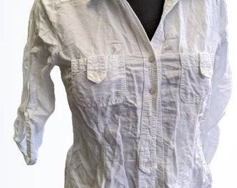 White linen shirt blouse women vintage top Size 38 S M