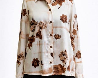 Blouse vintage woman beige flowers brown floral long sleeves office classic shirt Size M -L