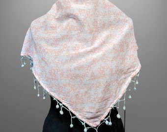 Vintage pink grey white cotton scarf triangle with fringes summer women romantic gift for her
