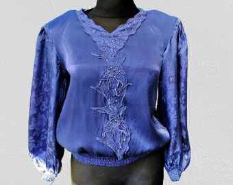 Blue vintage blouse women 80's made in Italy top viscose gift for her