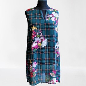 Green vintage tunic dress chiffon floral grey plaid pink women transparent Gift for her Size S M