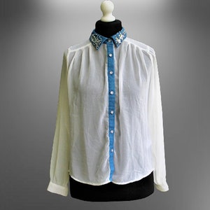 White blouse shirt blue jeans vintage long sleeves shiffon women gift for her Size S