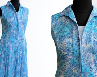 Blue dress vintage handmade 80' summer sleeveless floral pleated  low waist Size M