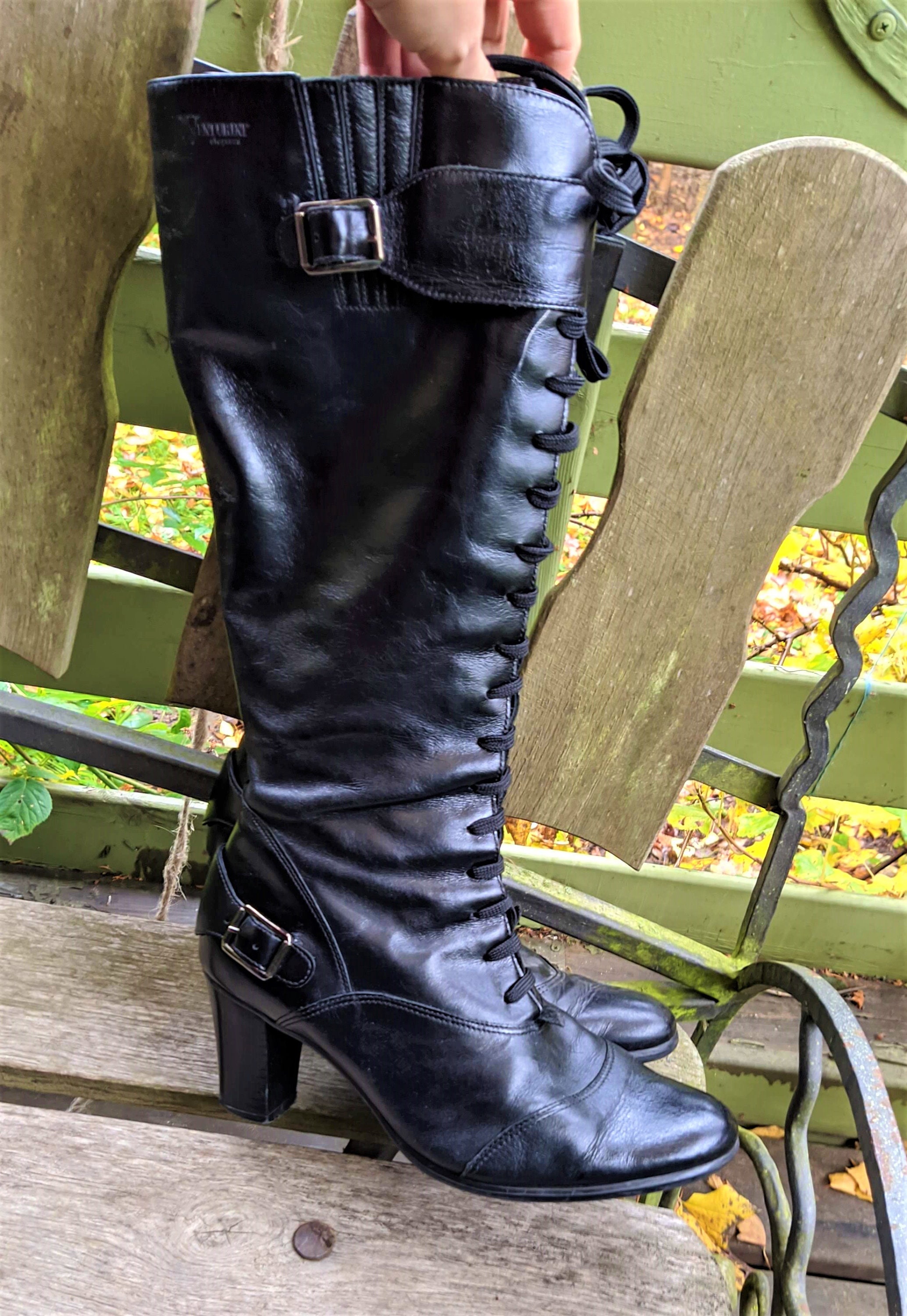 Black knee boots laced leather women vintage Size 37 EU/ 4 UK/ Etsy