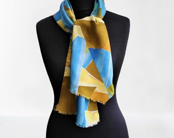 Scarf vintage silk geometric yellow mustard blue unisex summer gift for her him