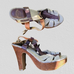 Vintage sandals high heels platforms brown beige Tommy Hilfiger women summer shoes open striped Size 40 EU/ 6.5 Uk/ 9 US