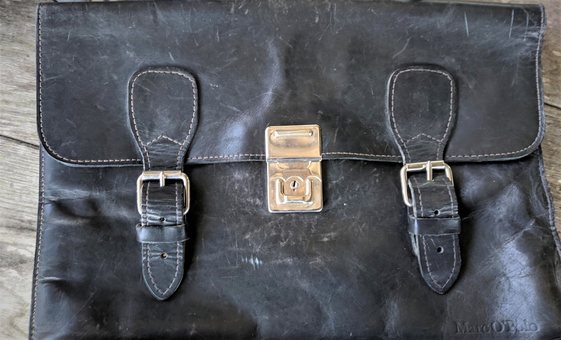 Black handbag bag leather men vintage Marc o polo messenger portfolio, foto 4 di 5