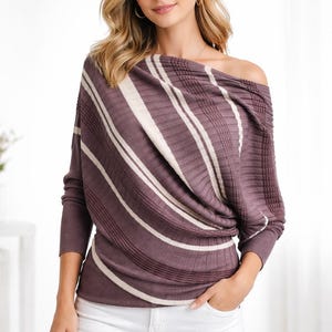 Brown sweater asymetric beige striped pullover women vintage new Size M L image 1