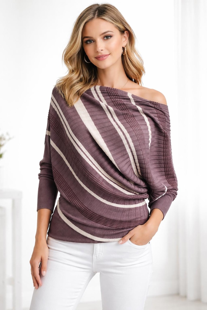 Brown sweater asymetric beige striped pullover women vintage new Size M L image 1