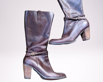 Brown knee boots vintage shoes women heels leather Size 8.5 US/ 6 UK/ 39 EU