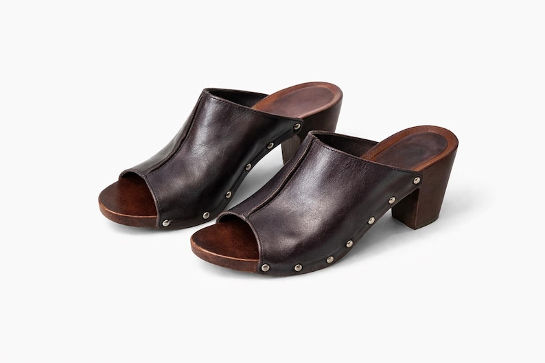 Vintage dark brown shoes mules clogs wood leather women made in Italy Size 39 EU/ 8.5 US/ 6 UK image 1
