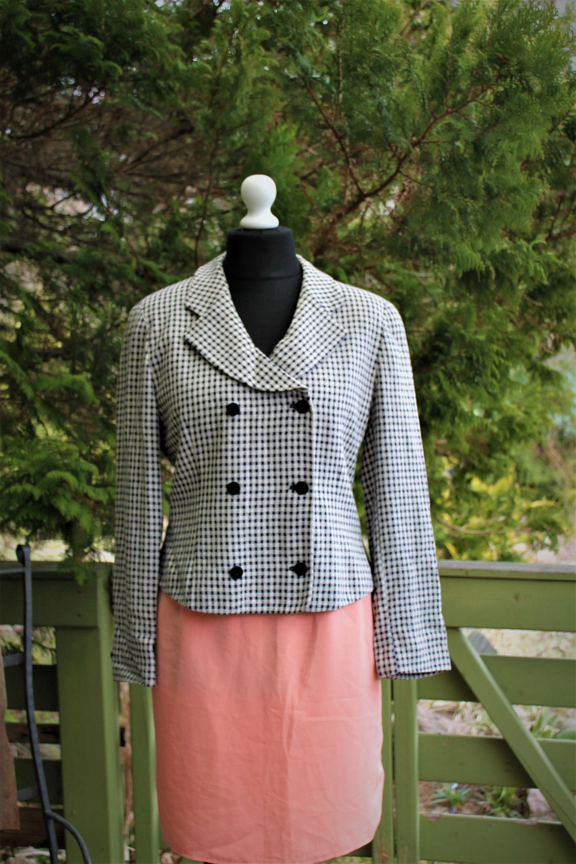 Jacket female plaid white blue double closure buttons long sleeves vintage classic 90s cotton summer blazer, Foto 4 von 5
