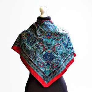 Vintage scarf green ornament red blue satin women accessory gift for her