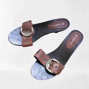 Vintage brown shoes mules clogs sandals women leather wood Size 40 EU/ 9 US/ 6.5 UK
