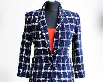 Vintage jacket blue white women squared vtg wool coat gift for her Size M blazer