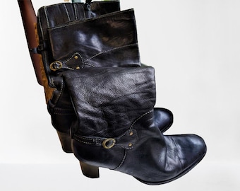 Svarta mjuka läderknähöga stövlar dam med klackar, vintage, storlek 40-41 EU/ 9-9.5 US/ 6.5-7 UK