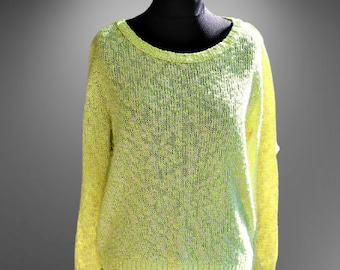 Yellow neon vintage sweater women pullover cotton Size L