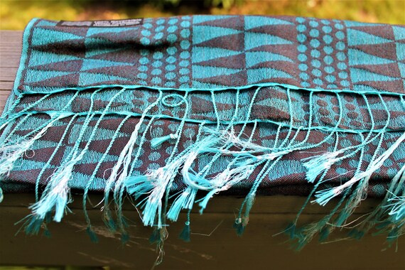 Blue brown pashmina vintage scarf unisex ornament… - image 8