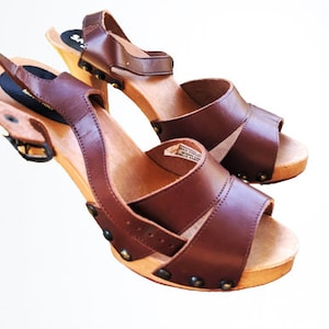 Vintage braune Sandalen Frauen Leder Clogs Absätze San Malo made in Italy Größe 39 EU/ 6,5 UK/ 8,5 US