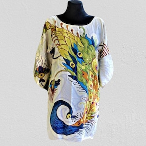 Silk tunic mini dress bird vintage peacock blue blouse beige green blue shirt women Size S-XS
