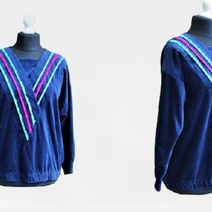 Blue blouse sweater vintage velour sweatshirt velvet woman sport 80&#39; oversized