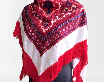 Vintage NEW scarf red white with fringes women Christmas gift