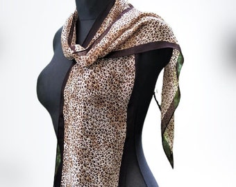 Brown vintage scarf wild print leopard beige gift for her