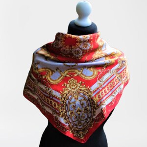 Vintage scarf satin orange white 80s women grey gift for her