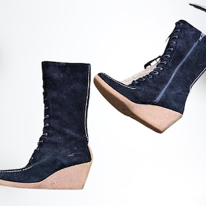 Zwarte suède leren laarzen schoenen vrouwen platforms warme winter Maat 38 EU / 7.5 US / 5 UK