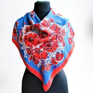 Vintage red blue scarf women floral white flowers gift for her 70s