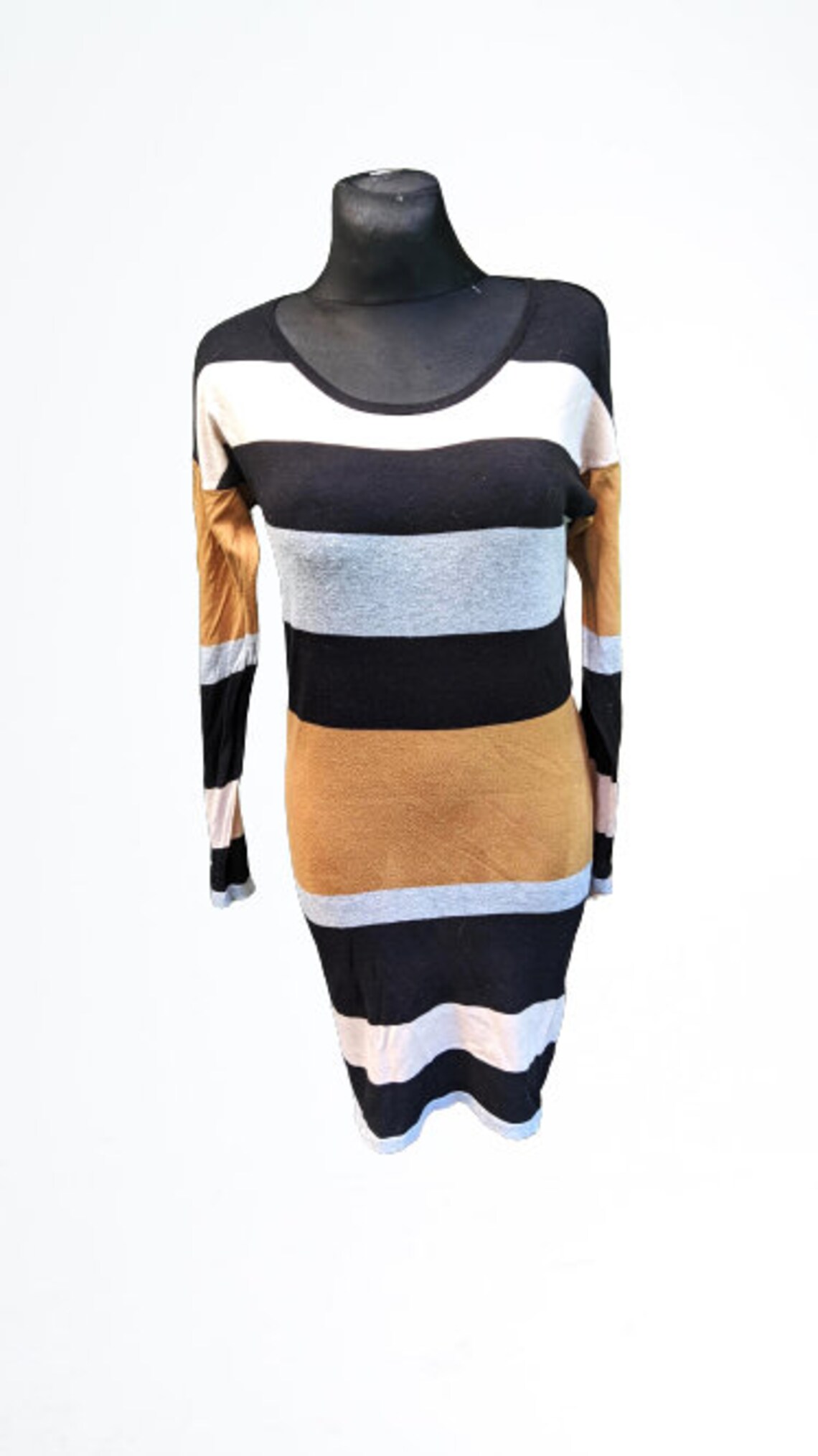 Vintage dress knitted women mustard grey black white pencil Size S, foto 2 di 5