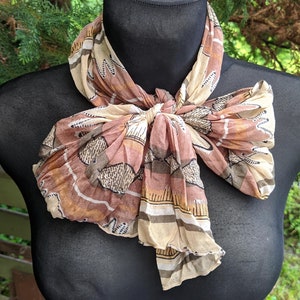 Brown vintage scarf abstract silk crepe beige bronze made in Italy