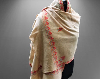 Vintage brown beige scarf shawl women embroidery wool gift for her