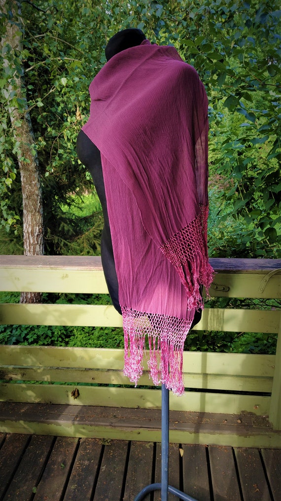 Vintage Pink scarf with fringes dark ash rose pur… - image 5