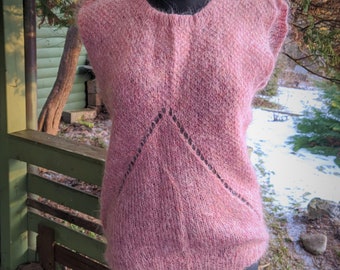 Pink mohair vest wool hand knitted vintage sweater warm winter women Size M L