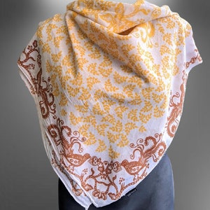 Yellow scarf vintage brown cotton floral with birds white unisex Christmas gift