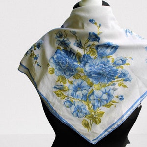 Vintage scarf cotton white blue floral summer gift for her