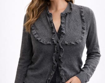 Dark grey cardigan vintage women ruffled collar sweater Size S M