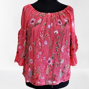 Vintage silk blouse pink emboidered floral women top salmon summer gift for her Size M L