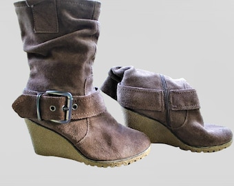 Brown vintage suede leather platform ankle boots shoes women gift for her Size 38/ 7.5 US/ 5 UK/ 24.5 cm/ 9.65 inches