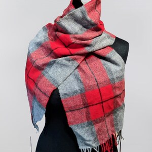 Vintage wool scarf plaid grey red unisex men women soft warm Christmas gift
