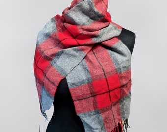 Vintage wool scarf plaid grey red unisex men women soft warm Christmas gift