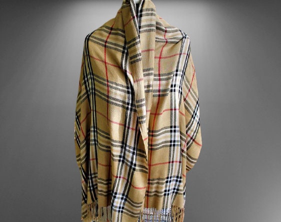 Vintage styled scarf beige black white red brown squared wrap with fringes unisex gift