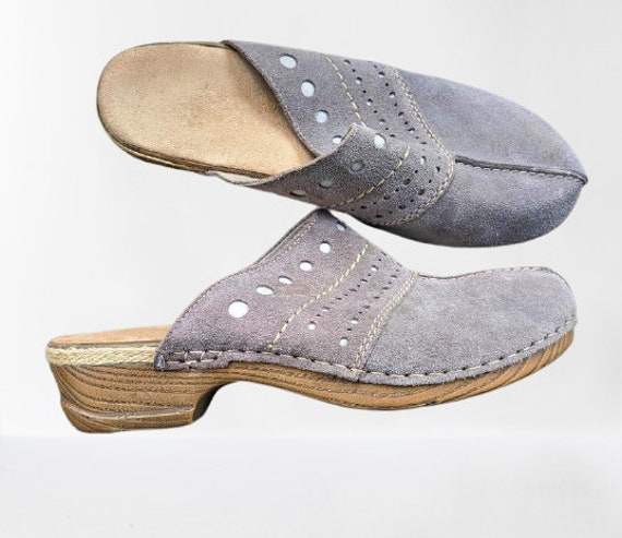 Vintage grey suede leather shoes clogs mules slip… - image 1