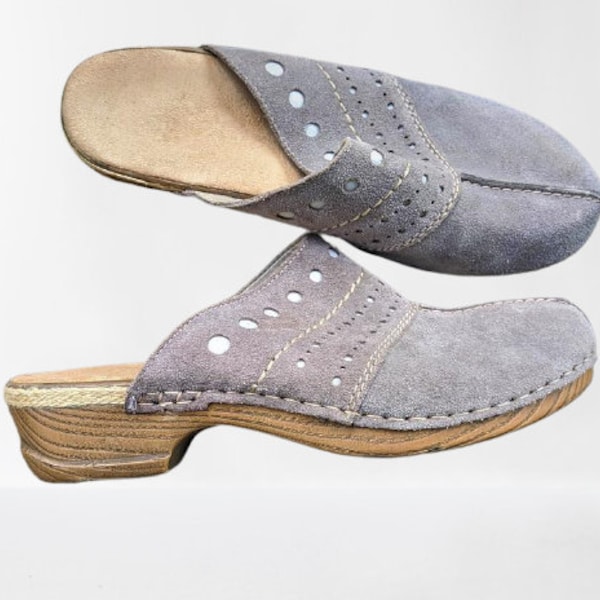 Vintage grey suede leather shoes clogs mules slippers comfy women Size 41 EU/ 9.5 US/ 7 UK