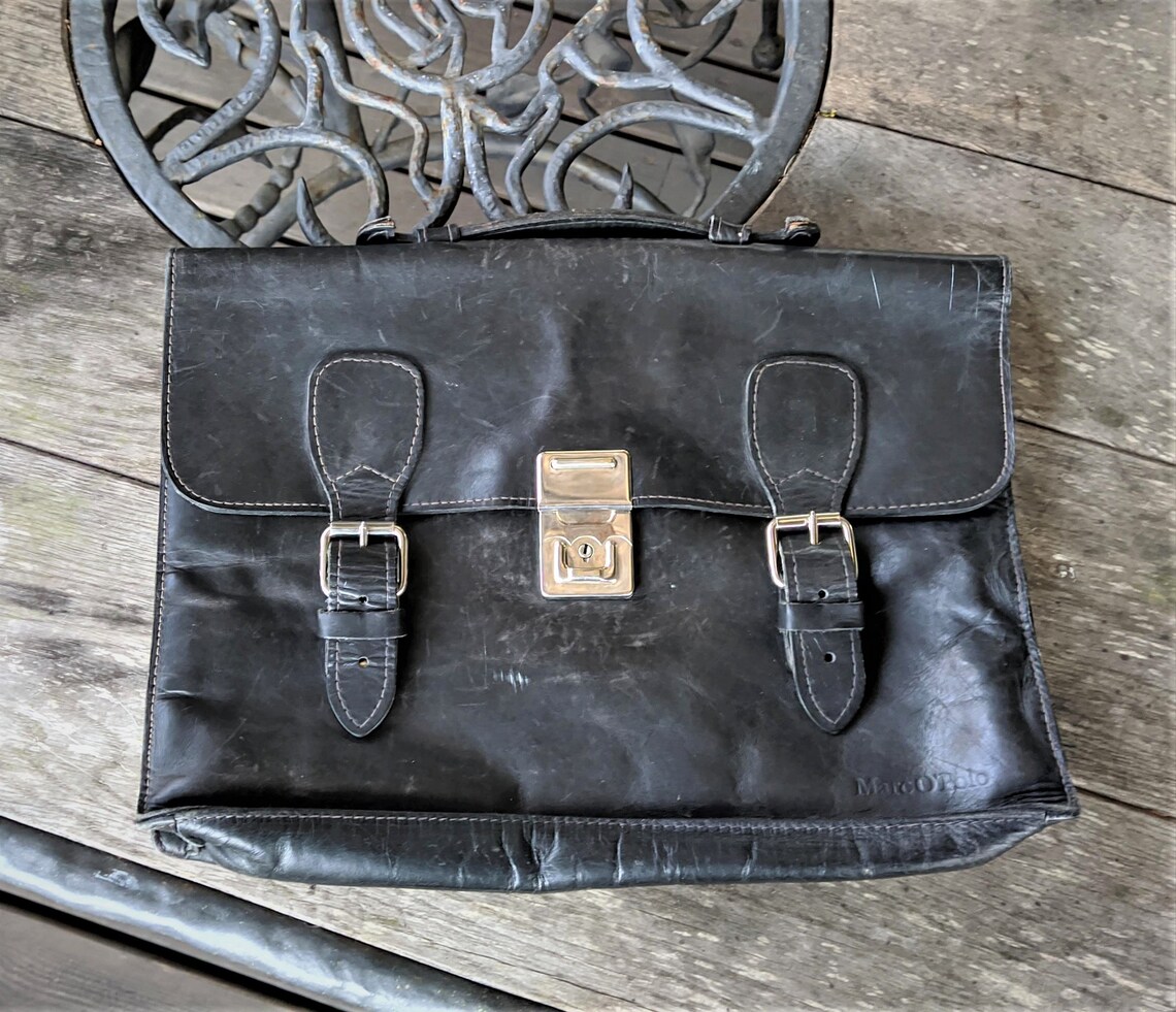Black handbag bag leather men vintage Marc o polo messenger portfolio, foto 2 di 5