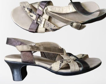 Vintage brown grey shoes sandals leather medium heels women summer stripes MUNRO size 7.5 US/38 EU/ 5 Uk